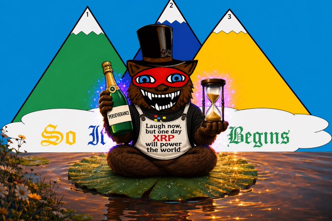 An illustration of a grinning beaver character wearing a top hat and red mask, holding champagne and an hourglass, with 'XRP will power the world' on its bib, set against three mountains labeled 1, 2, and 3 with 'So It Begins' text.