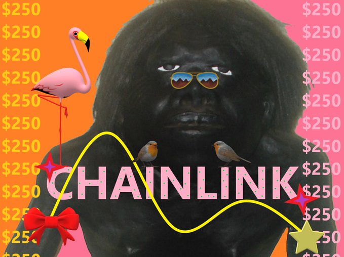 A meme-style collage featuring a gorilla wearing sunglasses, a flamingo, small birds, and the word 'CHAINLINK' in pink text, surrounded by repeating '$250' graphics on orange and pink backgrounds.