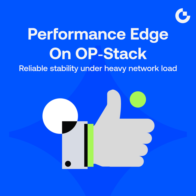 A blue promotional graphic reading 'Performance Edge On OP-Stack' with the subtitle 'Reliable stability under heavy network load' and a thumbs-up illustration.