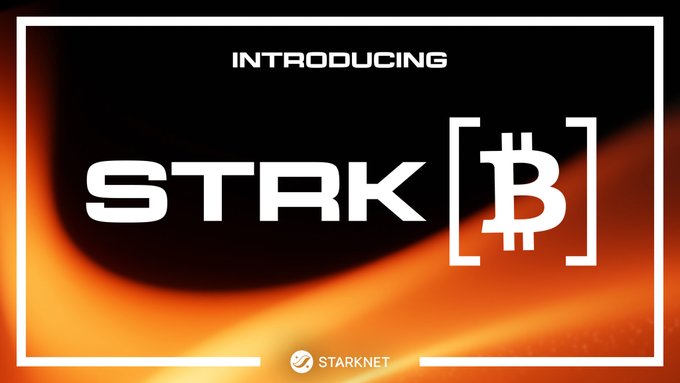 A promotional graphic with an orange glow background announcing 'INTRODUCING STRK[B]' with the StarkNet logo at the bottom.
