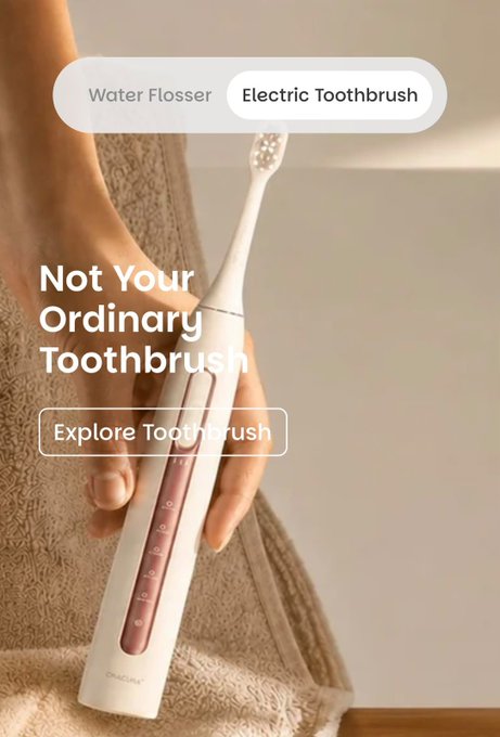 A hand holds a sleek white Oracura electric toothbrush with a rose gold button panel against a tan towel. The image promotes "Not Your Ordinary Toothbrush" with tabs for "Water Flosser" and "Electric Toothbrush," aligning with the caption's tease of an upcoming Oracura drop and discount codes BOOK1A and BOOK1A10.