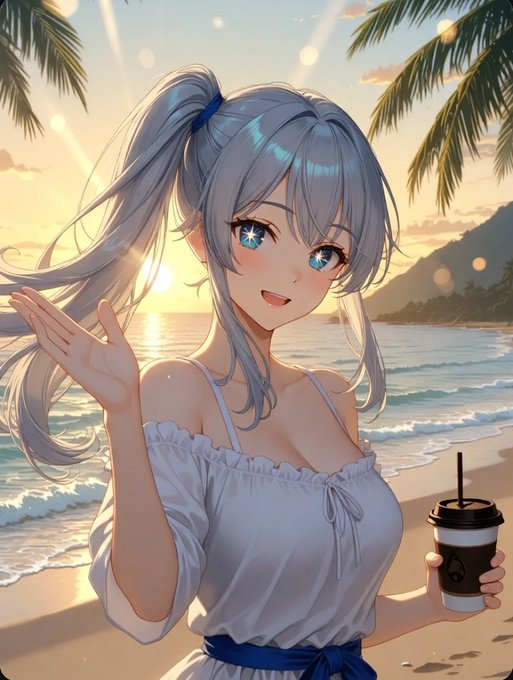 The image features a woman with blue eyes, wearing a white dress and holding a coffee cup while standing at the beach during sunrise or sunset. The setting includes palm trees and the ocean, creating a serene atmosphere for the scene.