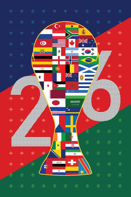 An artistic illustration of the 2026 FIFA World Cup logo, featuring a trophy silhouette made of various national flags set against a red, blue, and green patterned background.