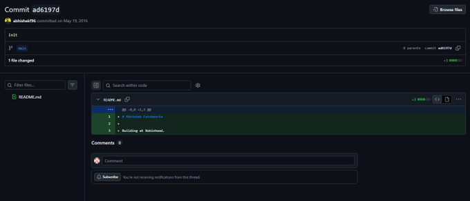 A GitHub commit page for 'Commit ad6197d' by azrinhab795 on May 19, 2016, showing changes to a README.md file titled 'Hunting of Rebelmint.'