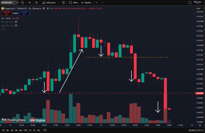 A TradingView chart of Dogecoin/TetherUS (DOGEUSDT) on the 1-hour timeframe shows the price falling back below the $0.07 support level, marked by a dotted red line, with a sharp red bearish candle driving the price down to approximately $0.0692. The chart includes hand-drawn arrows highlighting key price movements and the recent breakdown below support.