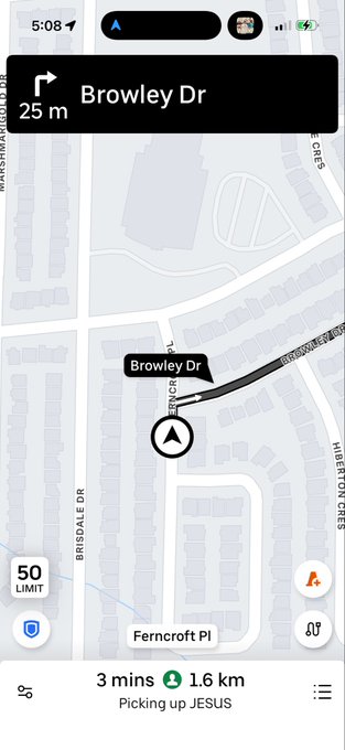 A navigation app shows a 1.6 km route to "Browley Dr" arriving in 3 minutes, with the destination amusingly labeled "Picking up JESUS," playfully reinforcing the post's message that "God is everywhere."