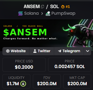 A Solana token page for $ANSEM (The Black Bull) on PumpSwap, priced at $0.2000 / 0.002457 SOL with a $200M market cap.