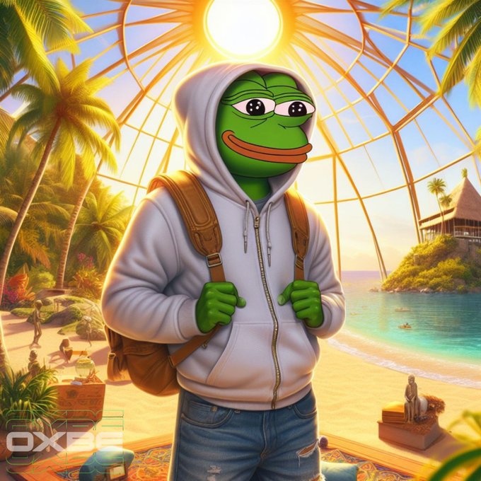 The image features a cartoon frog wearing a hoodie, backpack, and jeans standing on a beach with palm trees behind him. In the background, there's an ocean view that includes a boat sailing by. The caption of the image reads "When they figure out we are the sun." This phrase is likely a reference to the sun being depicted in the cartoon frog's hoodie or the overall theme of the post.

The main character appears to be wearing a backpack, which could suggest he is on an adventure or exploring new places. The presence of palm trees and the ocean adds to the tropical atmosphere of the image, making it a fitting backdrop for the cartoon frog's journey.
