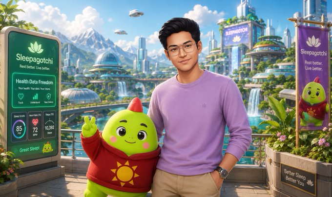 A young man in a purple sweater stands next to a green mascot character in a red hoodie in a futuristic city setting, with a digital dashboard for 'Sleepagotchi' displaying health metrics like Sleep Score (85) and Heart Rate (72).