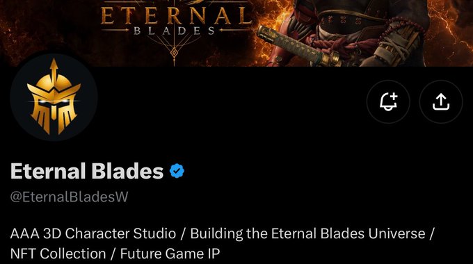The image shows a Twitter/X profile header for "Eternal Blades" (@EternalBladesW), a verified account described as a "AAA 3D Character Studio / Building the Eternal Blades Universe / NFT Collection / Future Game IP." The profile features a golden Spartan-style helmet logo and a banner displaying the "Eternal Blades" title with a samurai warrior against a fiery background, visually matching the post's description of a 3D medieval-meets-future gaming NFT collection with 5,555 supply on ApeChain.