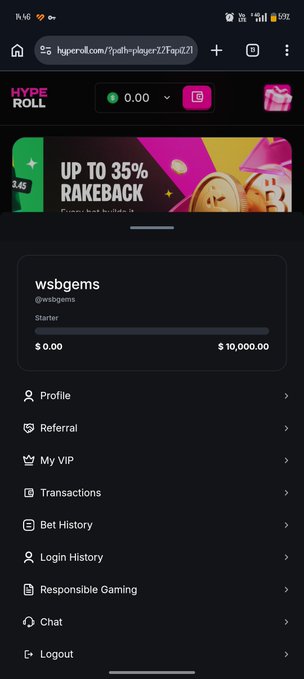 A mobile screenshot of a gambling website accessed via 'hyperoi.com', showing the username 'wsbgems' as a 'Starter' with $0.00, an advertisement offering 'UP TO 35% RAKEBACK', and a menu including 'Profile', 'My VIP', 'Transactions', and 'Bet History'.