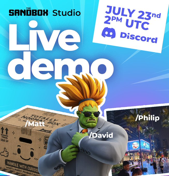 Promotional graphic for The Sandbox Studio Live Demo on July 23rd at 2 PM UTC on Discord, featuring a green-skinned character in a suit alongside a "Totally Normal Box" and palm tree imagery, with team members Matt, David, and Philip labeled.

Note: The date in the image (July 23rd) differs from the date mentioned in the accompanying post (July 8).