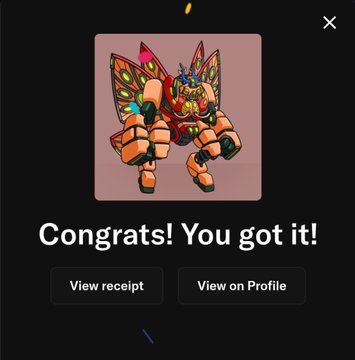 A digital notification screen displaying "Congrats! You got it!" below an image of a red and gold robotic creature, with buttons to "View receipt" or "View on Profile."