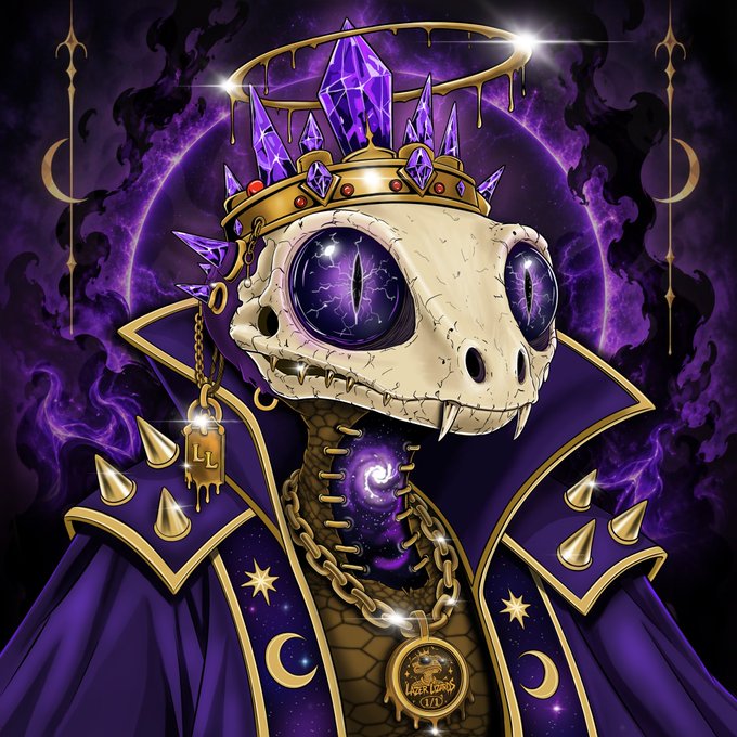 Caption 4: A detailed artwork depicts a skeletal lizard character wearing a purple and gold regal outfit with a crystal crown and a pendant reading 'LOOT LORDS LTD'.