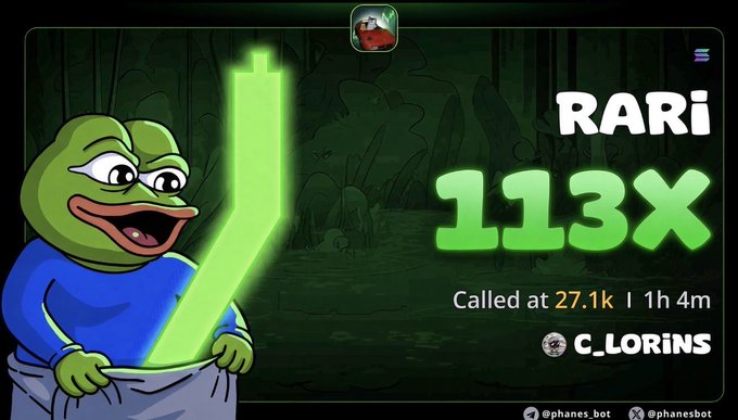 A Pepe the Frog meme character holds a glowing green sword, alongside text announcing 'RARi 113x Called at 27.1k' and crediting 'c_LORiNS' with social handles '@phanes_bot'.