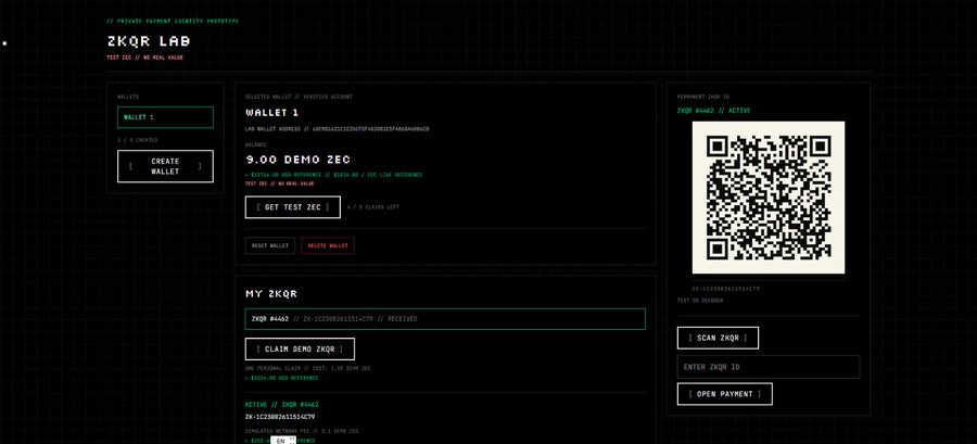A screenshot of the 'ZKQR LAB' test site showing a wallet interface with 'WALLET 1' displaying a balance of '9.00 DEMO ZEC' and a QR code on the right.