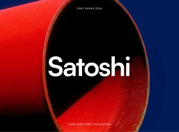 A bold promotional graphic for the "Satoshi" font showcases the word in large white sans-serif lettering centered on a red cylindrical shape against a deep blue background, with smaller text reading "FONT SERIES 2020" at the top and "SANS SERIF FONT COLLECTION" at the bottom—visually emphasizing the typeface's commanding presence, which aligns with the post's note about its impressive scale.