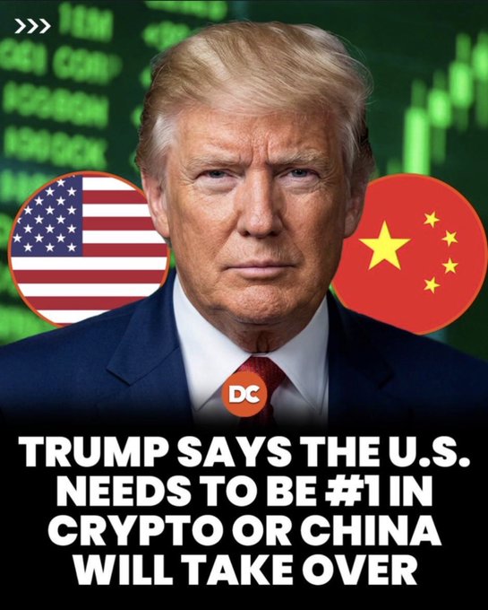 This image features Donald Trump with the US and Chinese flags, overlaid on a stock market background, stating "TRUMP SAYS THE U.S. NEEDS TO BE #1 IN CRYPTO OR CHINA WILL TAKE OVER." This contrasts with the post's focus on building on @BNBCHAIN, implying a direct engagement with the crypto space being discussed.