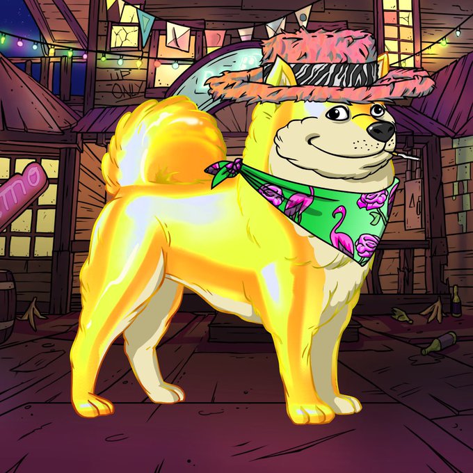 An illustrated golden dog wearing a pink cowboy hat, a green bandana with flamingos, and holding a cigarette stands in a festive barn setting.