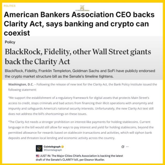 The image displays a Cointelegraph article highlighting American Bankers Association CEO support for the Clarity Act, along with endorsements from major Wall Street firms including BlackRock, Fidelity, Franklin Templeton, Goldman Sachs, and SoFi, emphasizing that banking and crypto can coexist. This aligns with the accompanying post noting that CLARITY Act support extends beyond the crypto industry, with over 200 groups—including banking associations and financial industry groups—submitting amicus briefs to Congress.