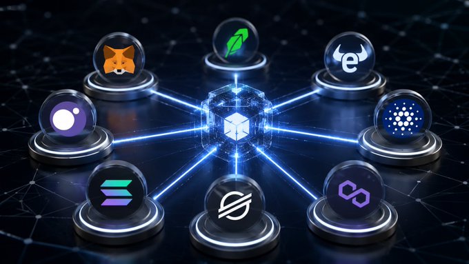The image features a group of seven cryptocurrency logos arranged around a cube, with each logo representing a different cryptocurrency. The logos include Bitcoin, Ripple, Solana, and others. The cube serves as a central focus for these logos, symbolizing the unity and collaboration among various crypto players in launching the Open Transaction Layer (OTL). This new open standard aims to provide a unified platform for on-chain finance transactions by addressing identity verification, compliance checks, transaction messaging, and interoperability issues within the cryptocurrency ecosystem.