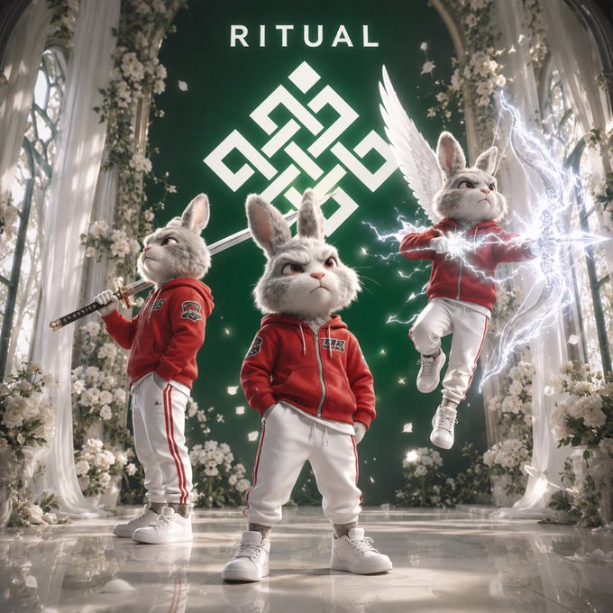 The image features three cartoon rabbit characters standing together, each holding a sword or a shield. They are positioned in front of an archway with a crescent moon design above them. The background includes white flowers and green leaves, creating a whimsical atmosphere. The text "ready to counter every fud against ritual quote and pass it on" is written below the image, which seems to be related to the post about ritual that was shared earlier in this series.