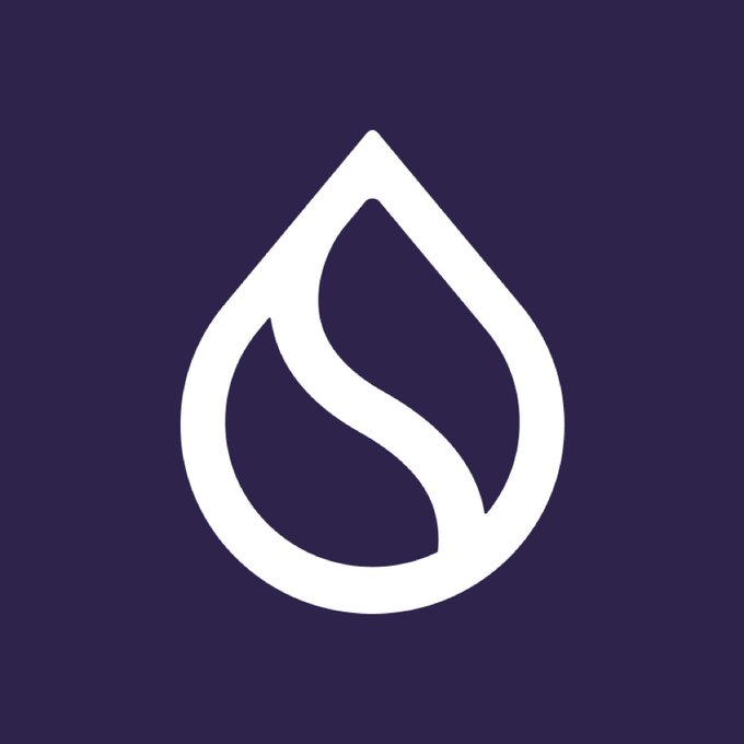 A minimalist white logo of a stylized water drop or leaf with an 'S'-shaped curve inside it, set against a solid dark navy blue background.