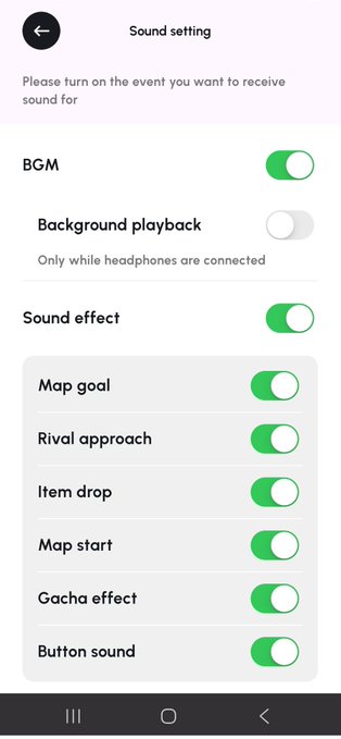 Mobile app 'Sound setting' menu with toggles for BGM, Background playback, Sound effect, Map goal, Rival approach, Item drop, Map start, Gacha effect, and Button sound.
