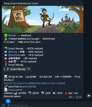 A Twitter/X post screenshot for 'Peep Smart Robinhood Chain' featuring a pixel art banner of an archer, with comments discussing 'Smart Money' alerts and crypto trading alerts.