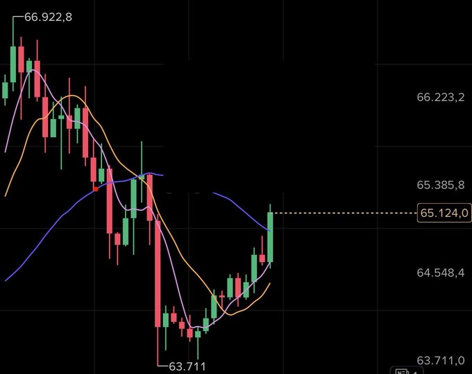 A candlestick chart showing a downward trend from a high of 66,922.8 to a low of 63,711, with a current price level at 65,124.0, illustrating Bitcoin's recent price action and its struggle to break above the 67,900 resistance level.