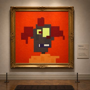 A framed pixel art portrait of a red and yellow flower in a gothic gold frame displayed in a museum gallery with a placard reading 'Bigfoot' and 'Cruelty Club Original Art'.