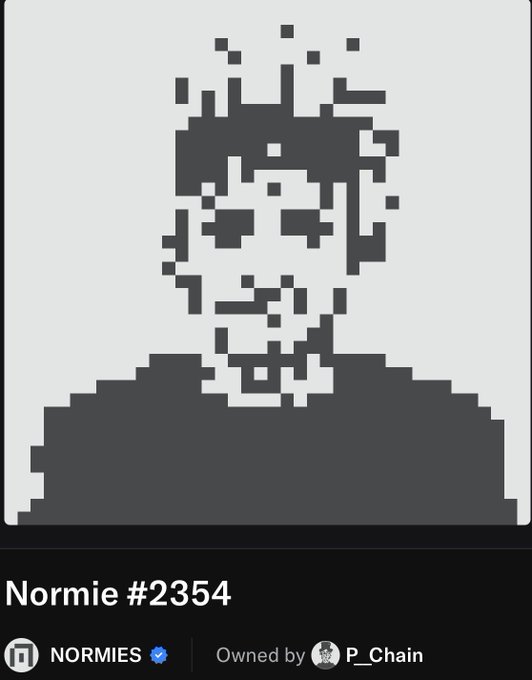 A pixel-art style black and white portrait of a skeletal/blocky figure labeled "Normie #2354," owned by "P_Chain" from the verified NORMIES NFT collection on OpenSea.