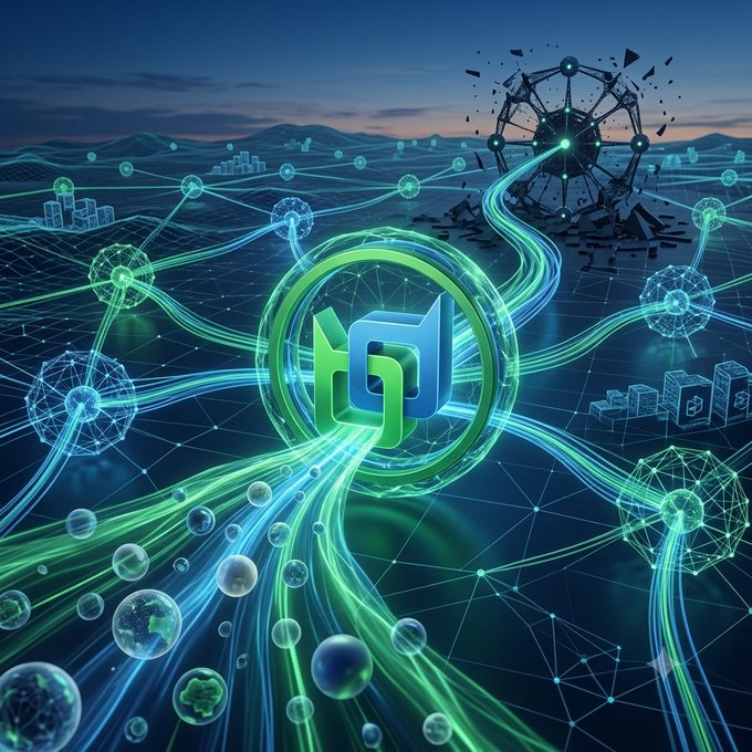 A digital illustration featuring a glowing green and blue 3D logo at the center of a futuristic, connected network with nodes, data streams, and a Ferris wheel in the background.