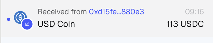 The image shows a transaction notification for receiving 113 USDC (USD Coin) at 09:16 from the sender with address 0xd15fe...880e3. This visually confirms the post's claim about receiving a $113 reward from the ss1 program.