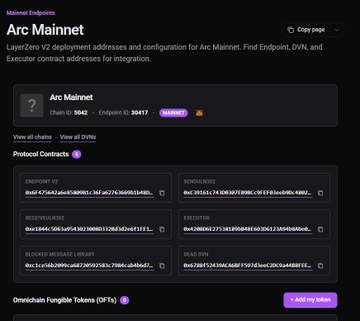 A screenshot of the 'Arc Mainnet' endpoints page displaying LayerZero V2 deployment addresses, including endpoints, send/receive libraries, executor, block hashes, DVN, and RPC URLs along with various contract addresses.