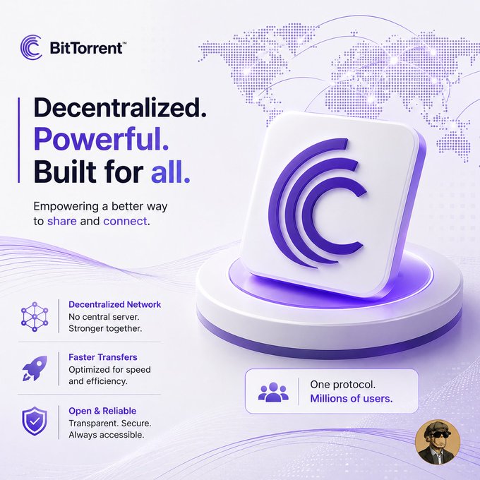 A promotional graphic for BitTorrent features a 3D purple logo cube on a pedestal with the text 'Decentralized. Powerful. Built for all.' and highlights 'Decentralized Network', 'Faster Transfers', and 'Open & Reliable' against a purple globe background.