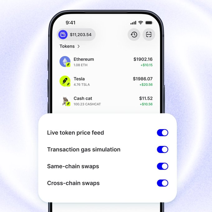 A smartphone screen displaying a cryptocurrency wallet interface with a $11,203.54 total, showing holdings for Ethereum ($1902.16), Tesla ($1986.07), and a meme token called 'Cash cat', along with toggle settings for live price feed and transaction simulations.
