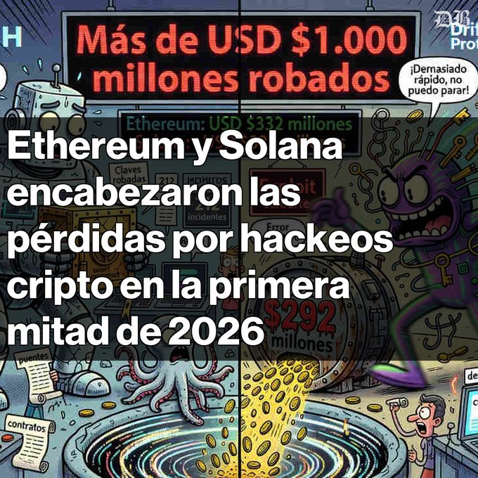 An illustrated graphic showing a vault spewing coins with the headline "Más de USD $1.000 millones robados," noting Ethereum lost $332M and Solana $292M, which visually accompanies the post about Ethereum and Solana leading crypto hack losses with over $650M stolen in H1 2026 across 212 incidents.