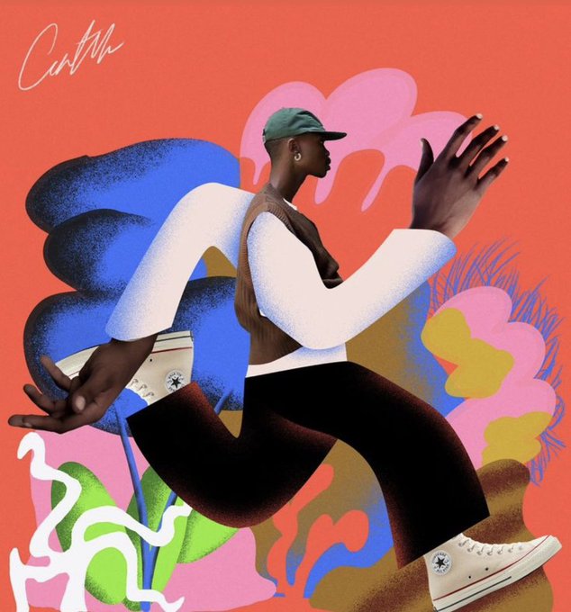 A vibrant digital illustration by CatMull shows a Black figure in a green cap, white shirt, black pants, and Converse sneakers running or dancing against a colorful background of pink, blue, and green organic shapes on an orange backdrop.