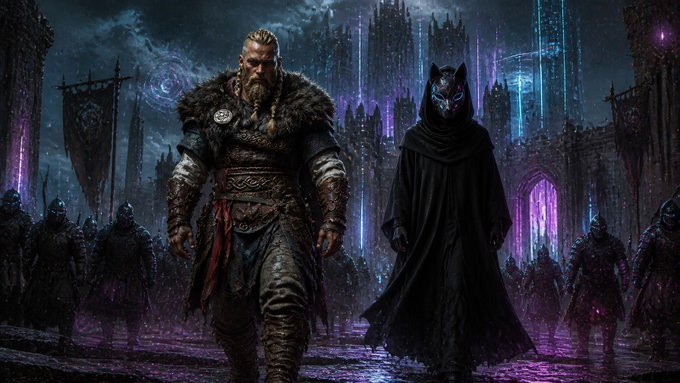 A dark fantasy scene showing a bearded warrior with a braided beard walking alongside a figure in a black cloak and wolf mask, with an army in the background.