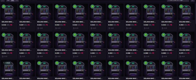 A grid of identical slot machine thumbnails labeled 'SOLANA MAC...' with bet amounts displayed, resembling a crypto casino or gambling platform interface.
