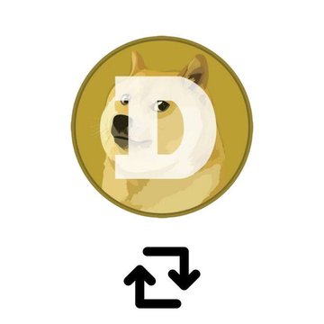 A Dogecoin (DOGE) logo featuring the Shiba Inu dog with a 'D' overlaid, displayed above a swap/exchange icon.