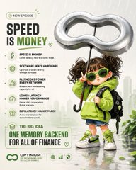 An advertisement for Optimum SSD with the text 'SPEED IS MONEY' and 'ONE MEMORY BACKEND FOR ALL OF FINANCE' featuring a child holding a large silver key.