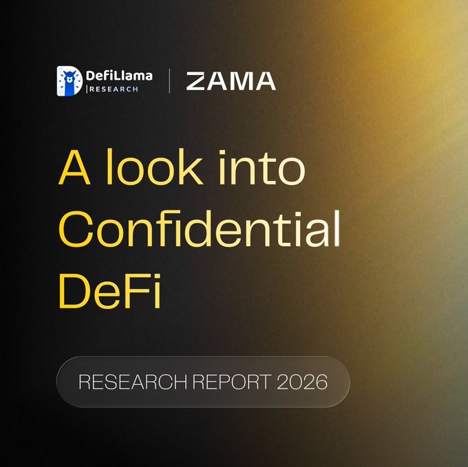 The graphic features logos for DefiLlama Research and Zama at the top, with the title "A look into Confidential DeFi" and a label "RESEARCH REPORT 2026," representing the cover of the comprehensive confidential DeFi analysis mentioned in the post.