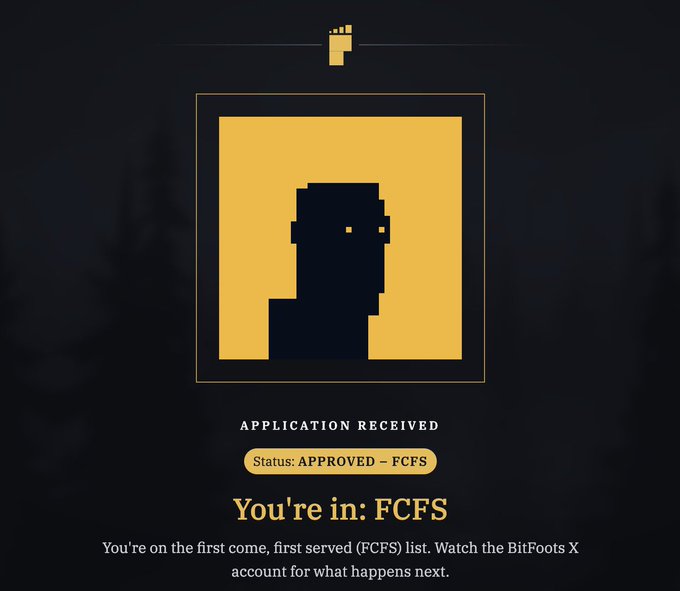 A digital application confirmation screen displays "APPLICATION RECEIVED," "Status: APPROVED – FCFS," and "You're in: FCFS" with a pixelated avatar graphic on a yellow background.