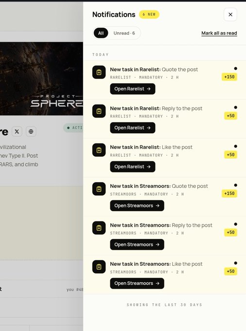 A screenshot of a digital notifications panel displays 6 new mandatory tasks for users to complete on platforms like Rarelist and Streamoors, offering actions such as 'Quote the post', 'Reply to the post', and 'Like the post' for varying point rewards (+50 or +150).