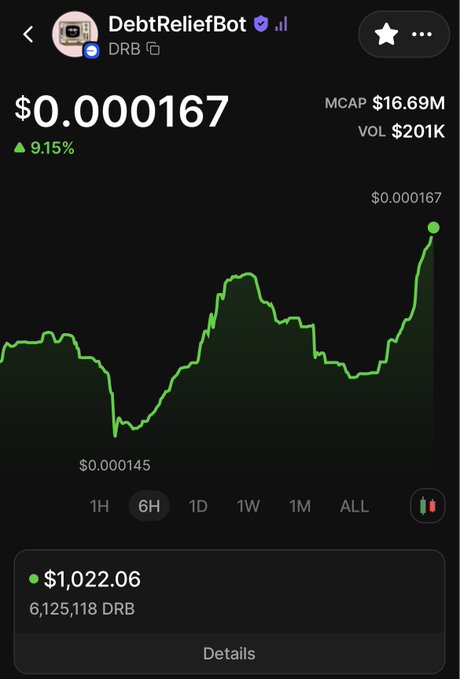 A cryptocurrency chart shows DebtReliefBot (DRB) token at $0.000167, up 9.15%, with a portfolio value of $1,022.06 holding 6,125,118 DRB.