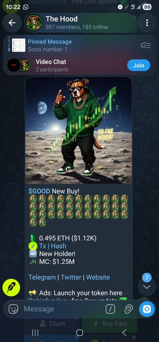 A Telegram chat called 'The Hood' showing a meme of a dog in sunglasses with text 'TO THE MOON' alongside a green candlestick chart, advertising a cryptocurrency token with the ticker $GOOD.