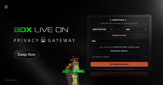 A dark website screenshot shows a cryptocurrency swap interface titled 'BDX LIVE ON' with a 'PRIVACY GATEWAY' lock icon, an instant swap box converting USDT(TRC20) to BDX at beldex.io.