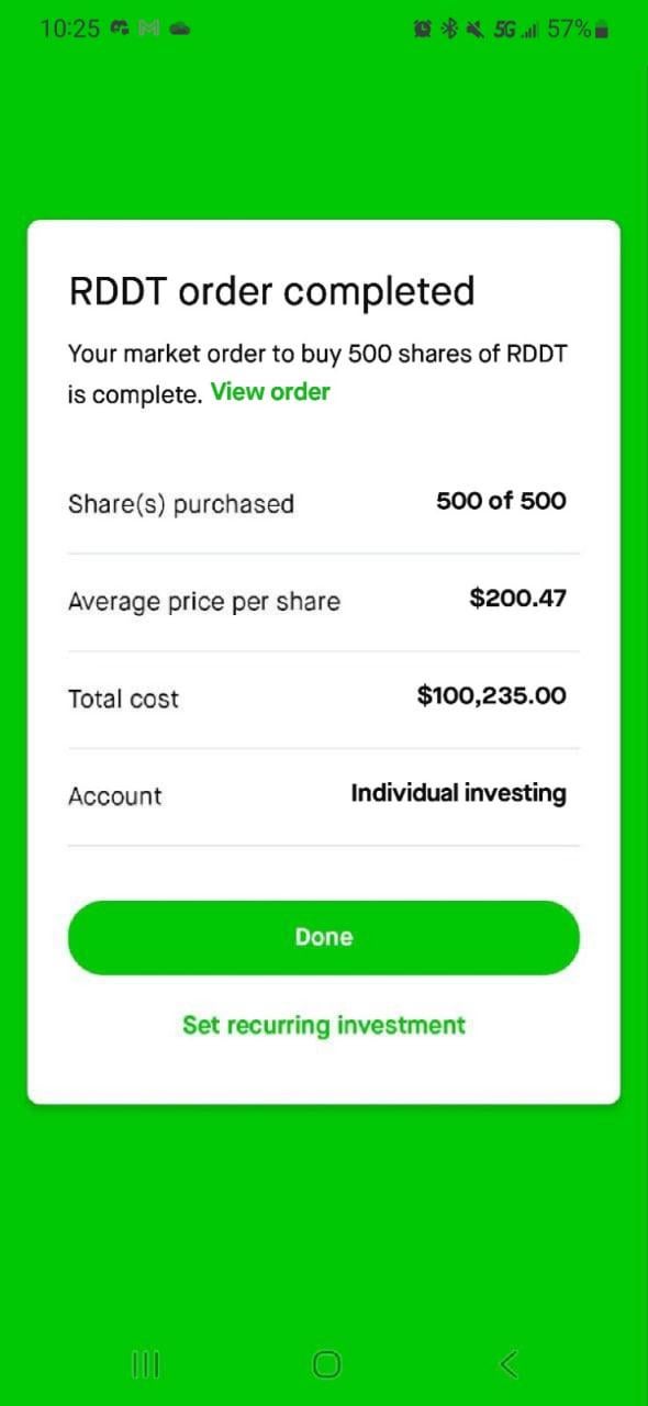 A Robinhood order confirmation screen showing 'RDDT order completed' with 500 shares purchased at an average price of $200.47 per share, totaling $100,235.00 in an Individual investing account.
